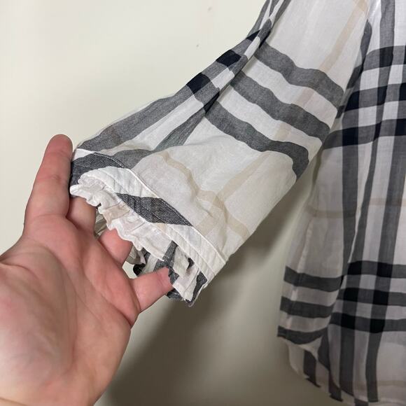 Burberry White Black Plaid Print Three-Quarter Sleeve Button-Up Top sz 12 - Picture 9 of 9